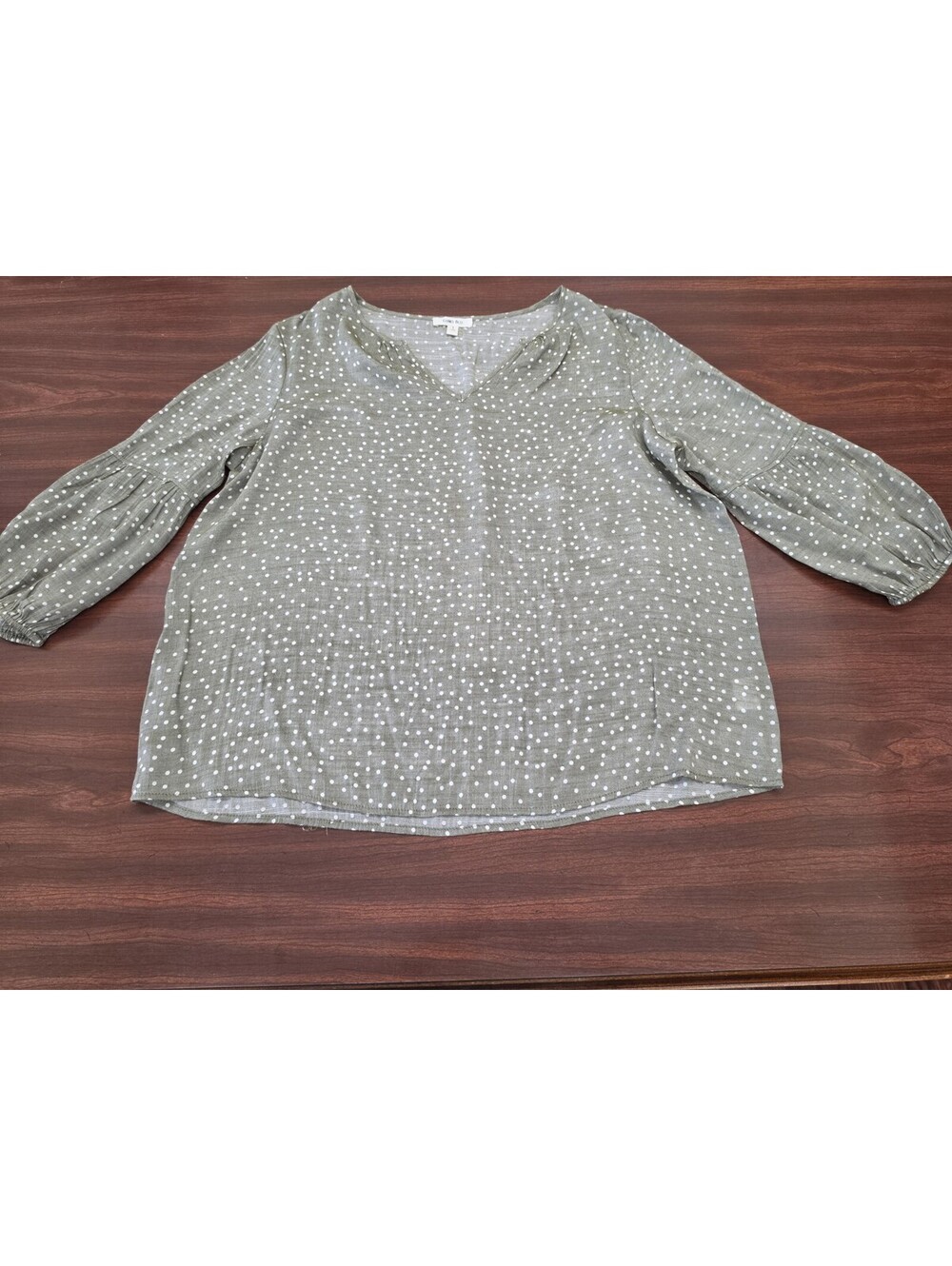 Como Blu Womens Green White Polka Dot V Neck Top Large Long Sleeve Retro Casual